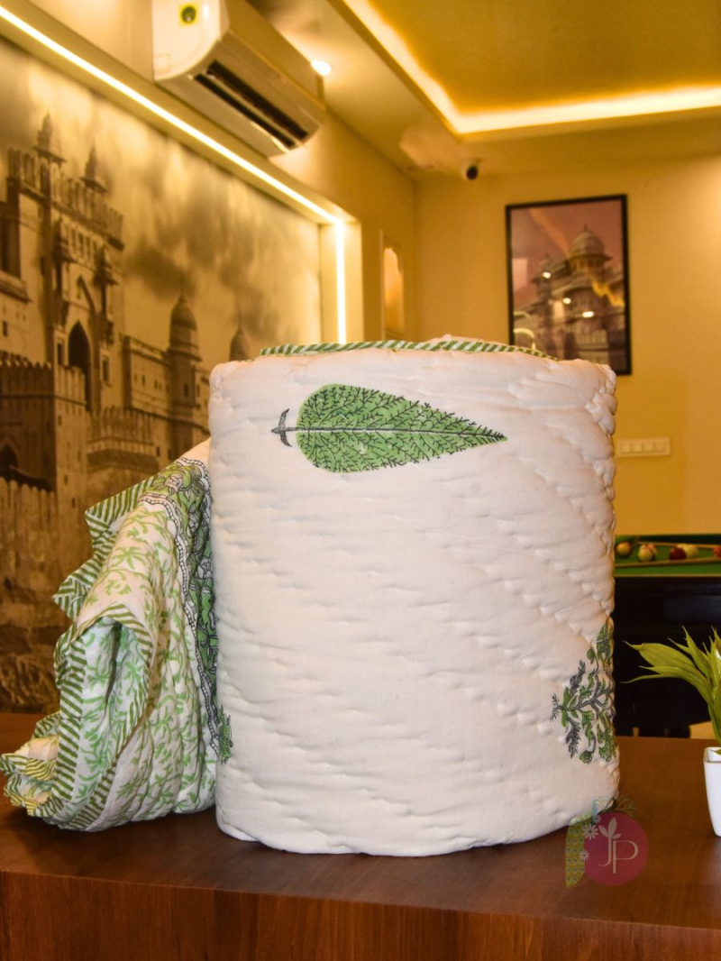 Hand Block Printed Tilak Design Quilt (Razai) – Green & Grey Jaipuri Cotton Razai